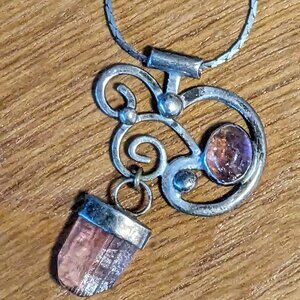 Unique Vintage Necklace with Pink Rose Quartz Pendant and Silver Chain